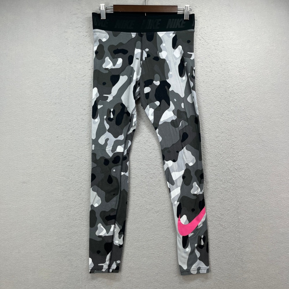 Nike Leggings Womens Medium Gray Camo Pink Swoosh Athletic Gym Athleisure Yoga